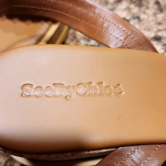 SEE BY CHLOÉ "Robin" Wedge Platform w/Ankle Strap - Tan/Brown/Black - Size 38/8 - Picture 7 of 12